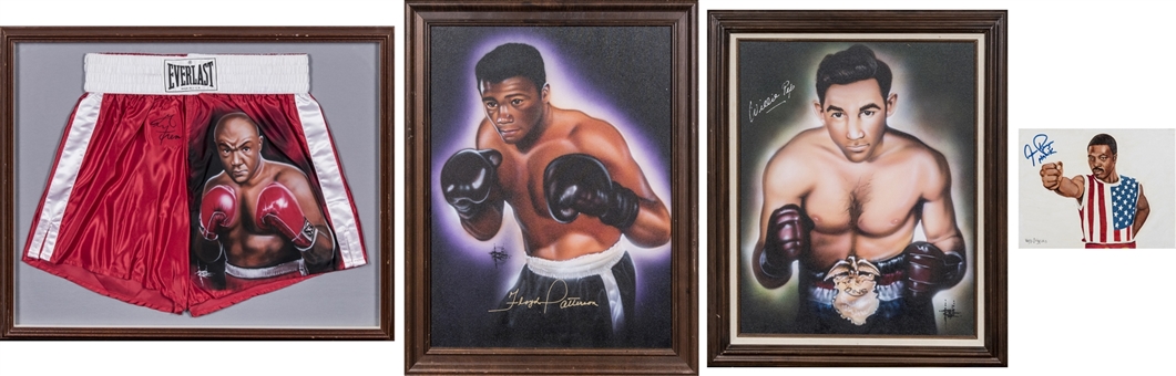 Lot of (4) Original Signed Boxing Artwork Including - George Foreman, Willie Pep, Floyd Patterson and Aaron Pryor (Beckett PreCert)
